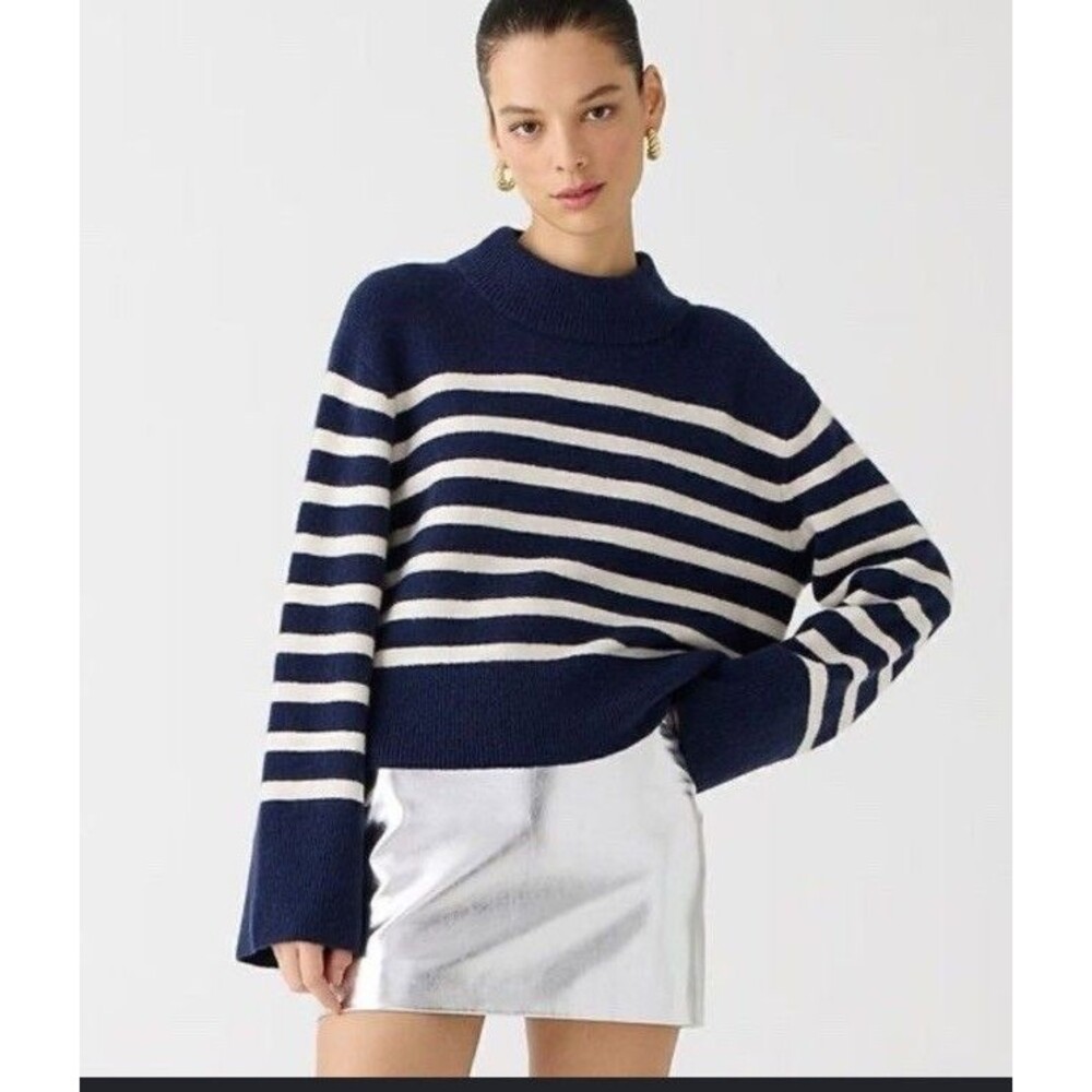 J.crew 2XL Supersoft Yarn Sweater Navy White Stripe Wool Quiet Luxury Crew Neck